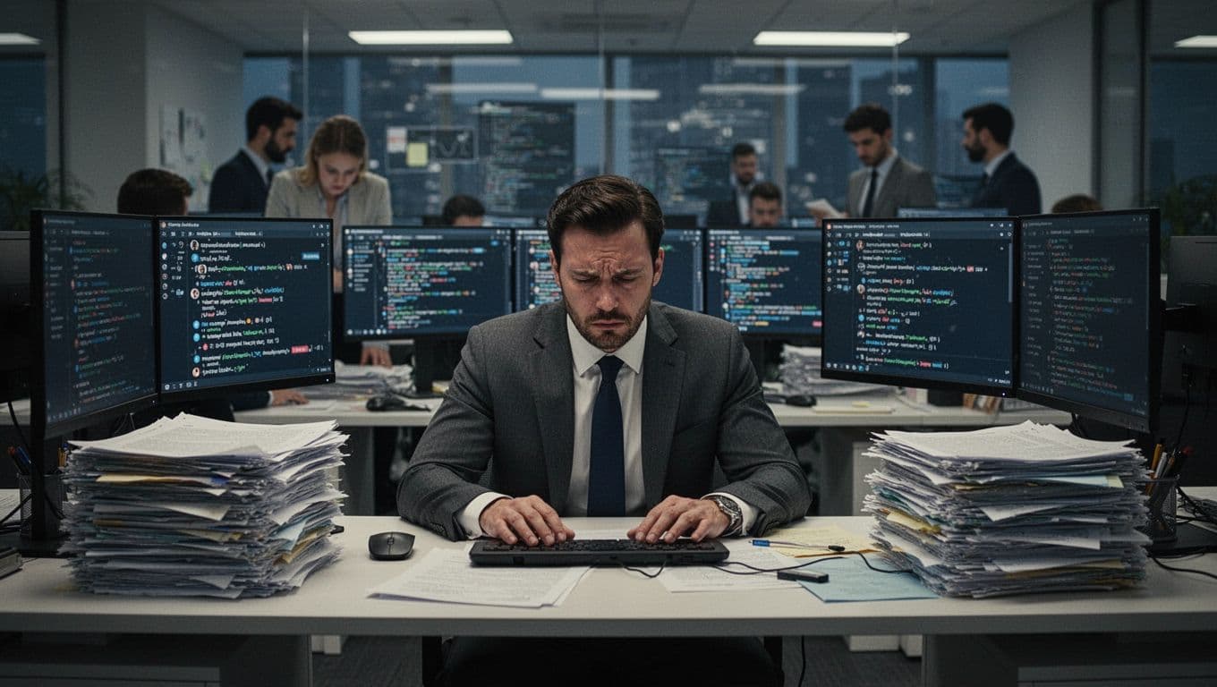 A modern office with an executive at his desk looking exhausted and disconnected, surrounded by piles of papers and screens with notifications, dim lighting, realistic photo style depicting chronic work burnout.