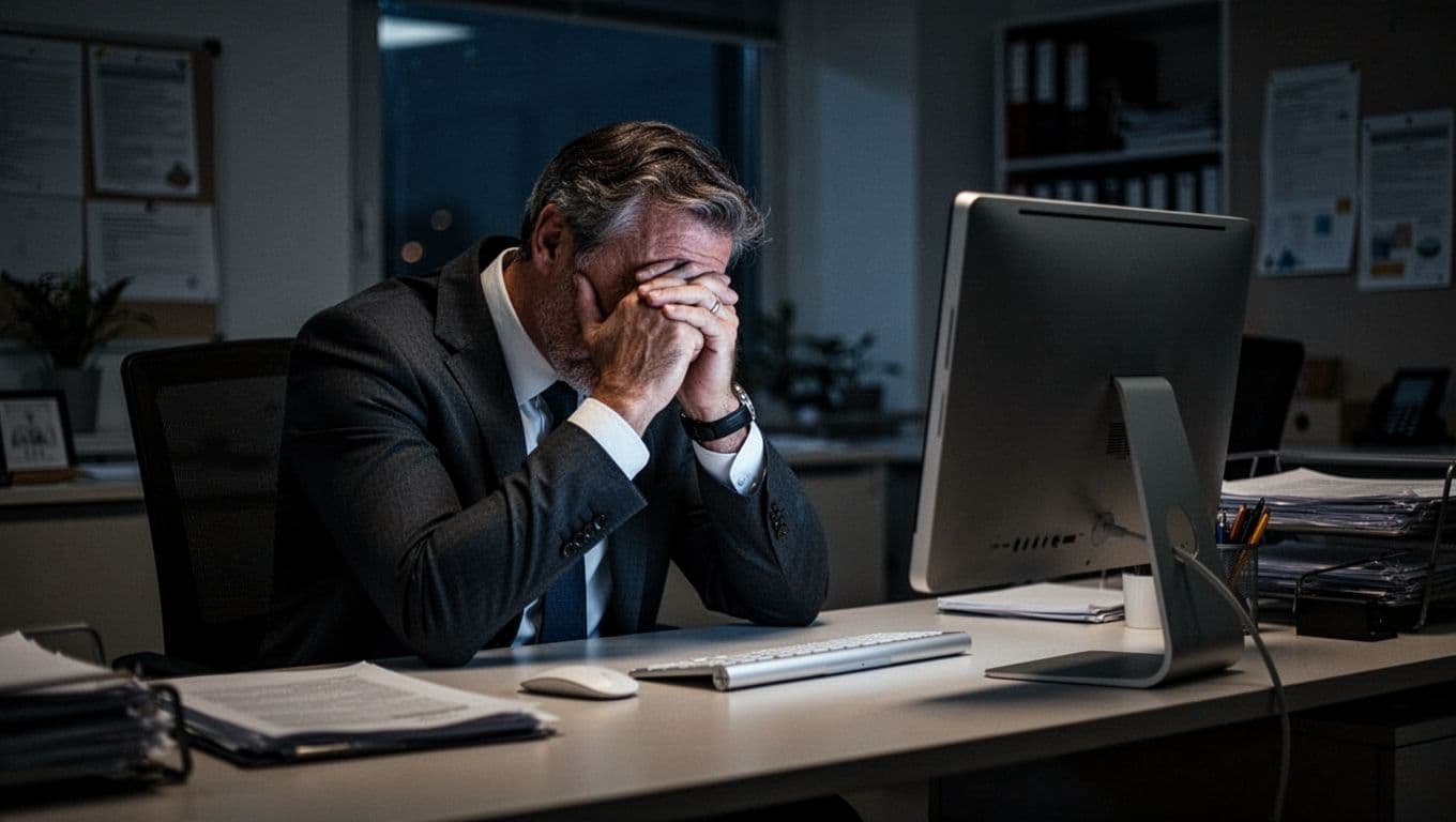 A middle-aged businessman sits exhausted at his office desk late at night, head in hands, with a dimly glowing computer screen and soft office lighting in realistic photography style.