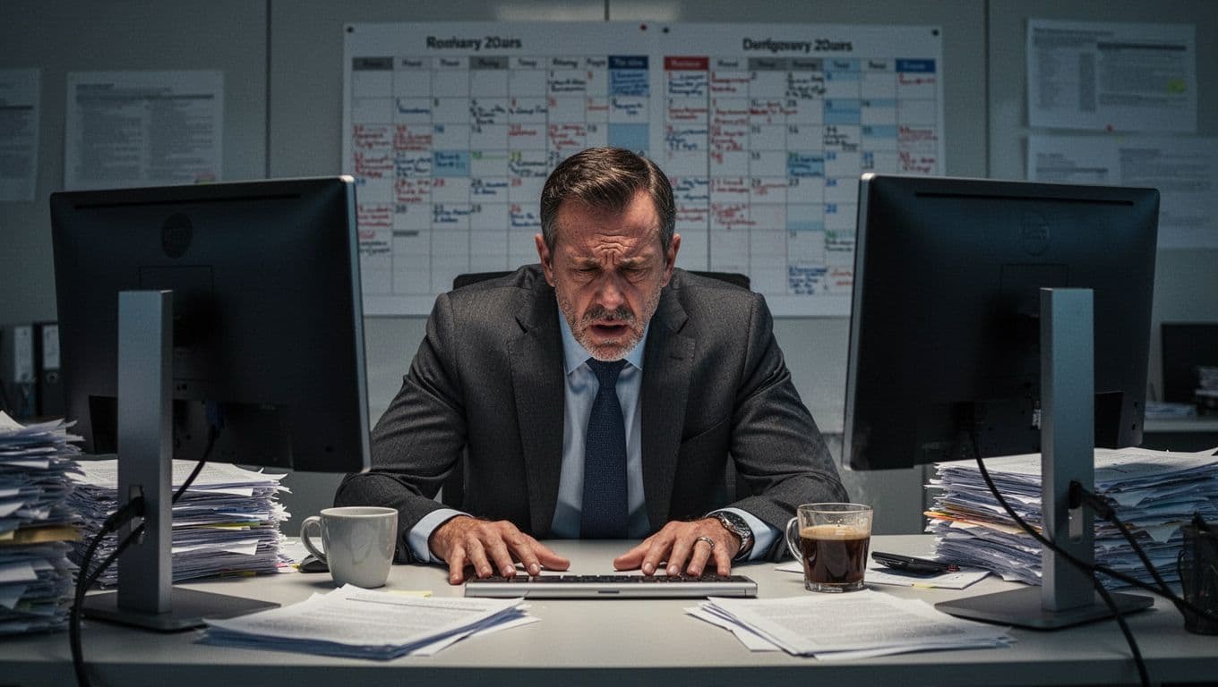 A middle-aged male executive leader sits at his desk in a modern office, displaying extreme exhaustion with hunched shoulders, staring at multiple computer screens amid messy documents, a cold coffee cup, and a meeting-filled calendar, in hyper-detailed photorealistic style with muted blue-gray tones.