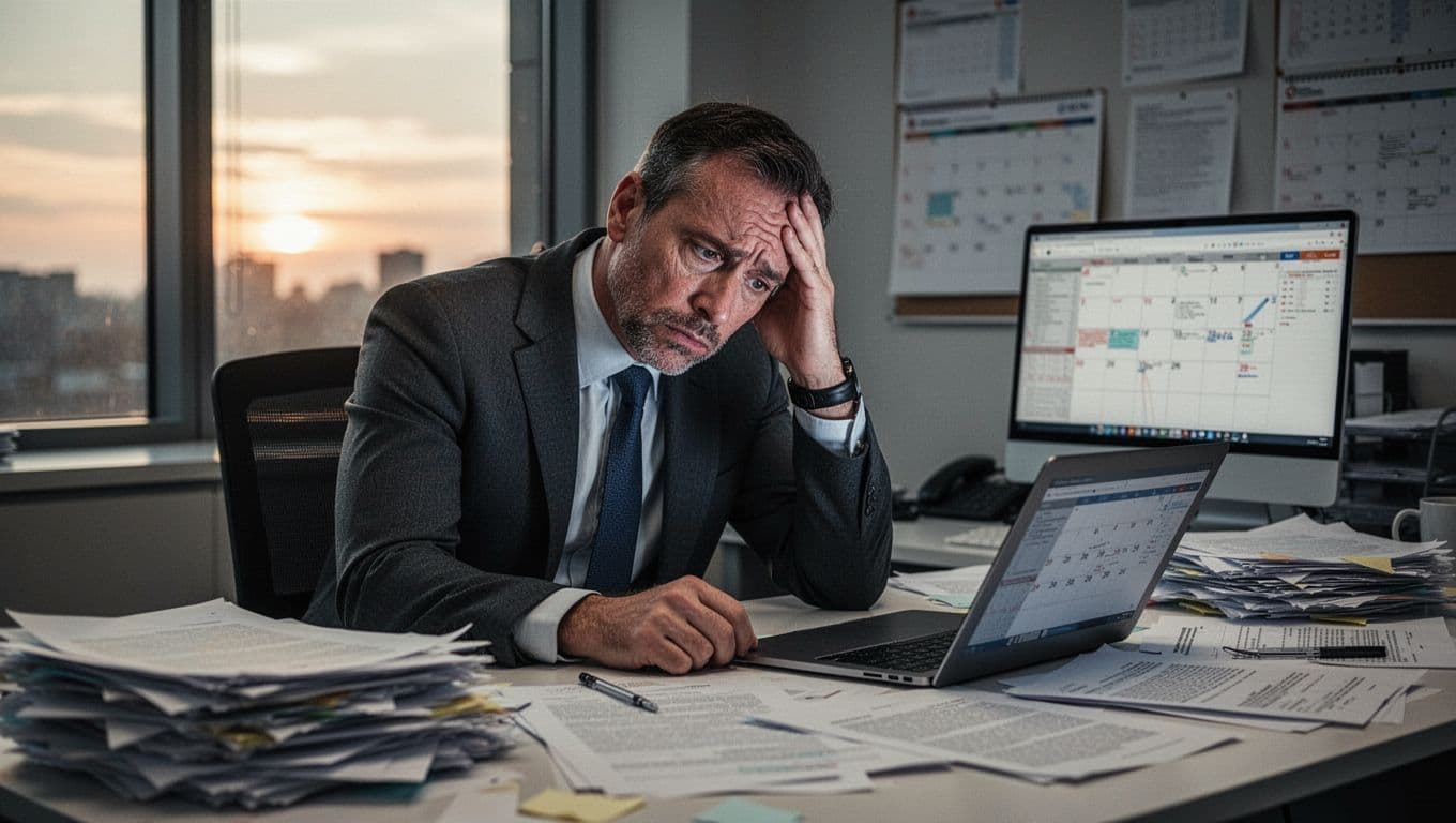 A middle-aged male executive sits exhausted at his modern office desk, head resting on his hand with tired eyes, surrounded by messy papers, an open laptop, and a full calendar under dim afternoon light.