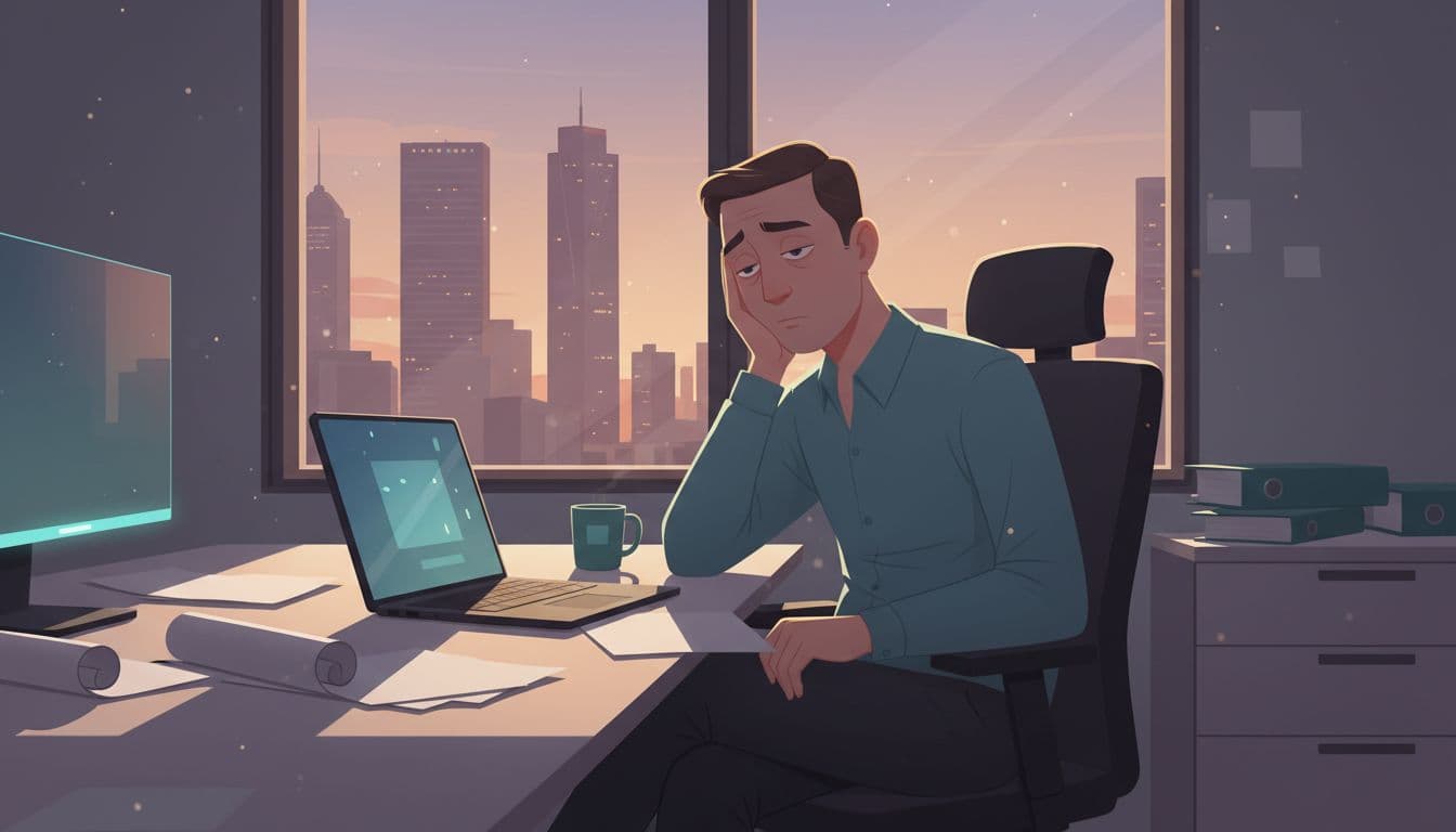 Middle manager sits at cluttered desk in modern CDMX office, head on hand, sunset skyline through window.