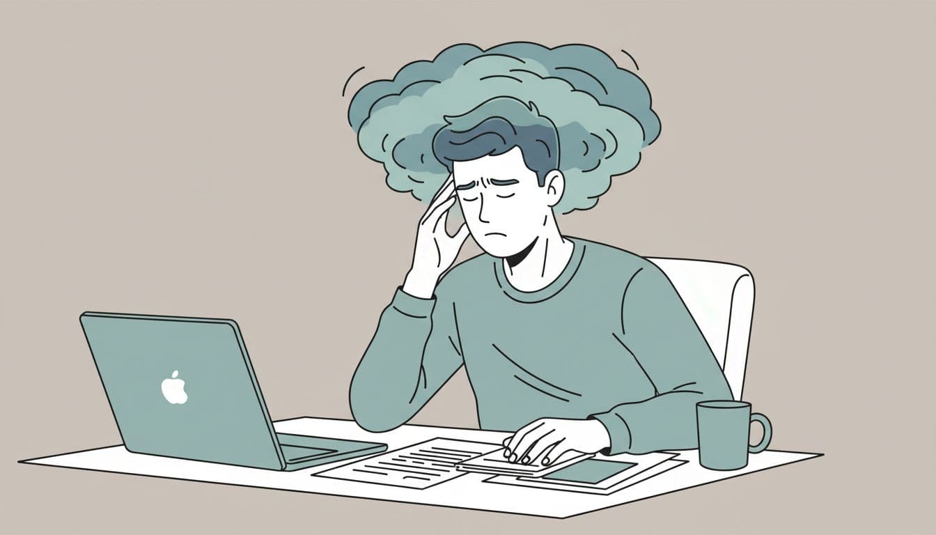 A young professional in an office setting sits at a cluttered desk, appearing exhausted with a brain fog cloud enveloping their head, rubbing temples, showing tight shoulders and subtle muscle tension like a knotted neck.