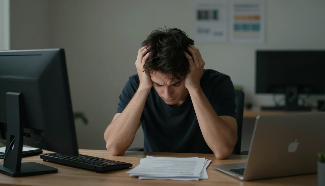 A single exhausted office worker at a modern desk with head between hands, dim lighting, realistic style, simple office background, illustrating early signs of workplace burnout.