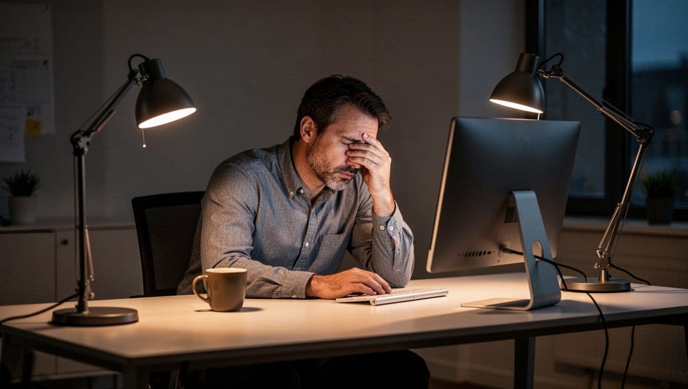 An exhausted mid-30s office worker slouches at a desk in a modern office late evening, rubbing eyes while staring blankly at the computer screen, with a coffee mug nearby under dim desk lamp lighting.