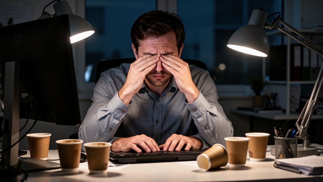 A solitary worker in a dimly lit office at night rubs his tired eyes while sitting in front of a computer, surrounded by empty coffee cups and illuminated by a soft desk lamp, capturing a close-up of his exhausted face in realistic photographic style.