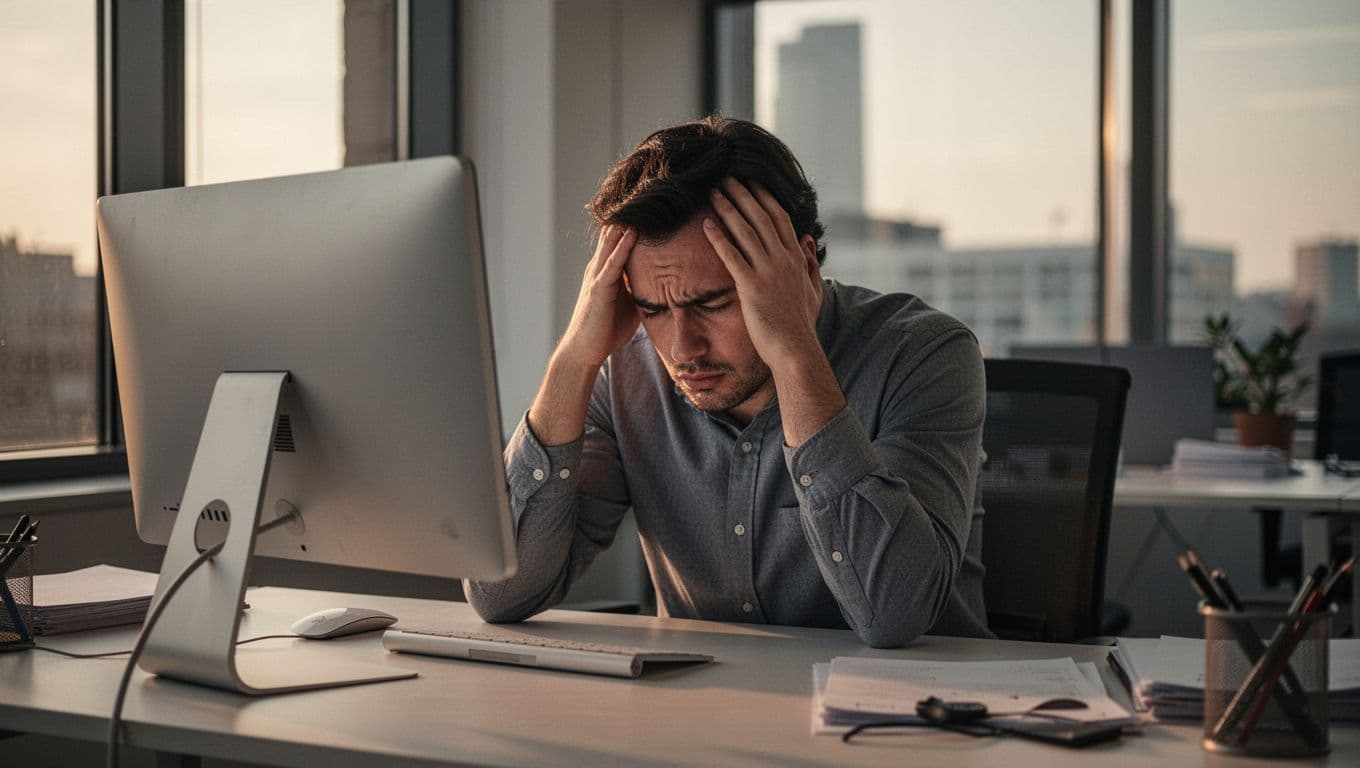 A lone office worker sits at a modern desk, staring at a computer screen with a tired and frustrated expression, hands on head, under dim afternoon light from a window.