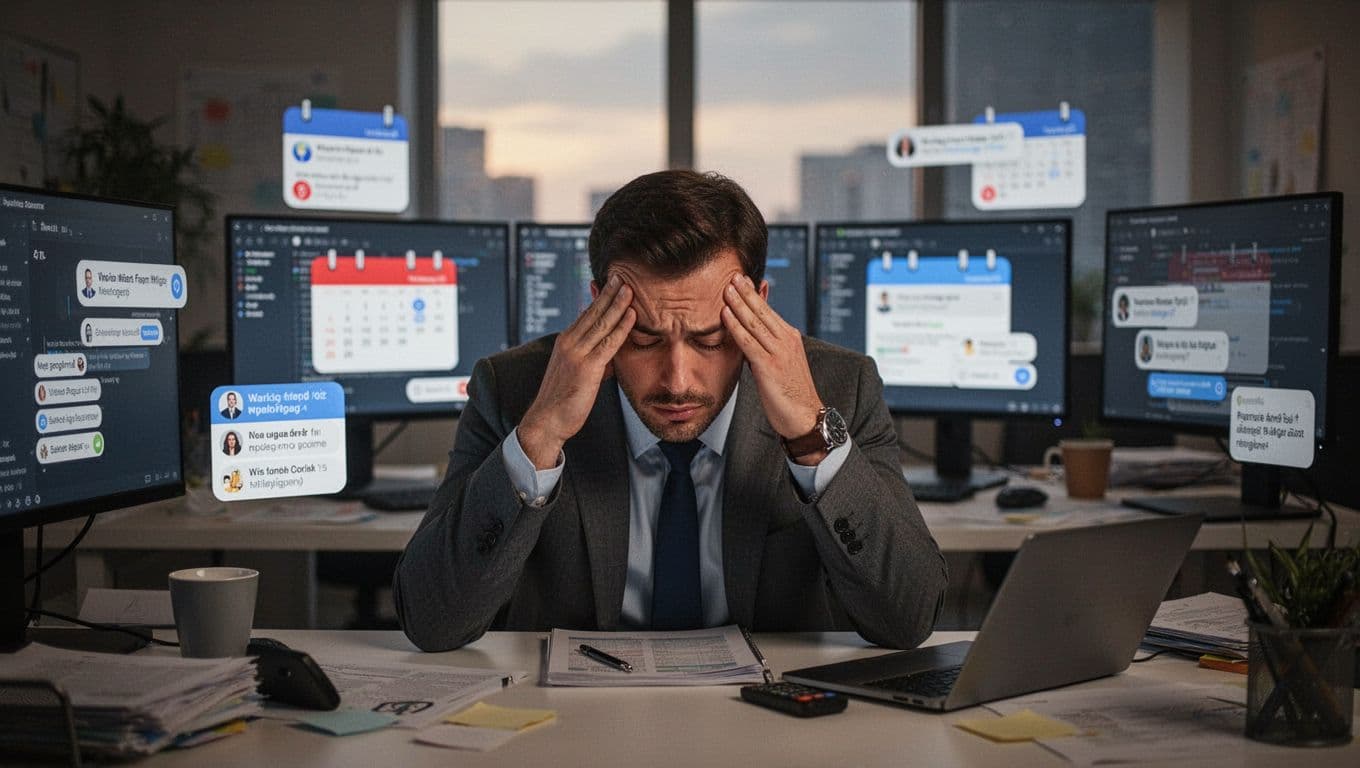 Realistic photo of an exhausted office worker slumped over a desk surrounded by multiple screens with calendar icons and notifications, rubbing temples in dim late afternoon lighting.