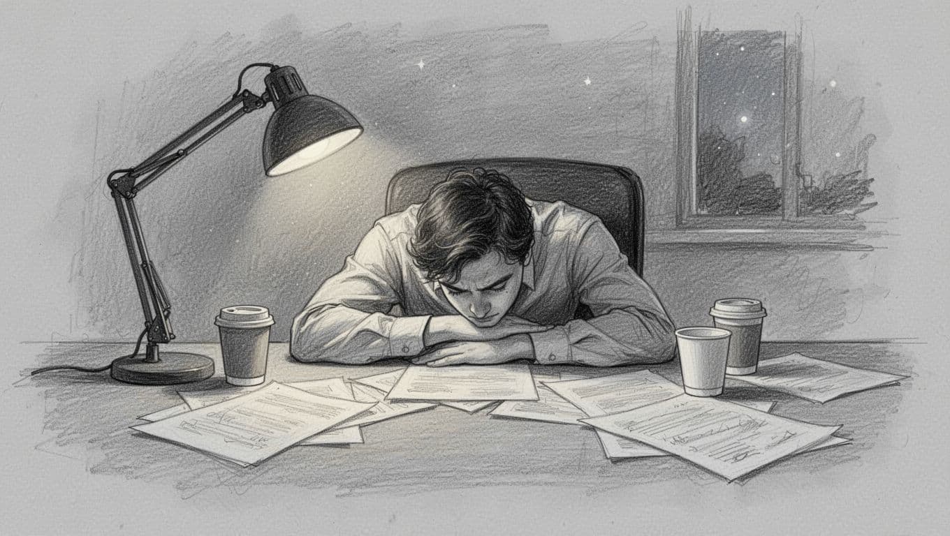Hand-drawn sketch of a young professional slumped at an office desk late at night, head on arms amid scattered papers and empty coffee cups, illuminated by dim lamp light symbolizing exhaustion from chronic overthinking.