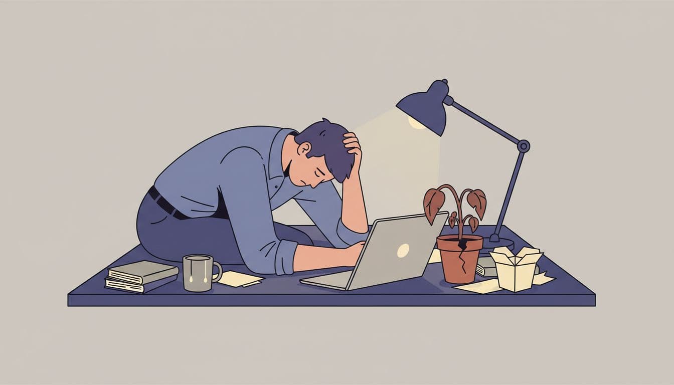 Modern illustration of a young professional slumped in exhaustion at a cluttered desk with an empty coffee mug and wilted plant under dim office lighting. Conveys physical fatigue from poor sleep, nutrition, and dehydration.