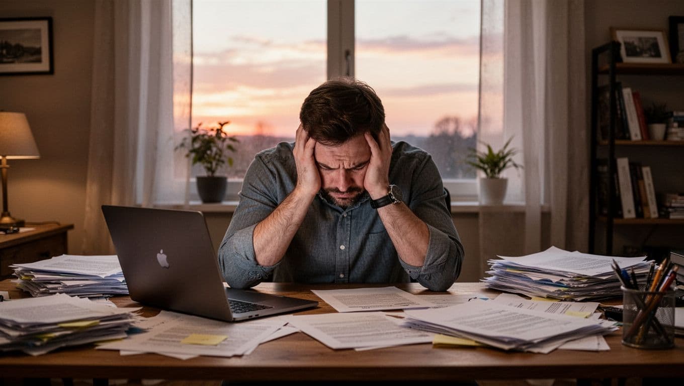 A tired professional rests their head in hands on a cluttered desk with laptop and papers in a home office, illuminated by soft sunset light through the window, in a realistic photographic style.