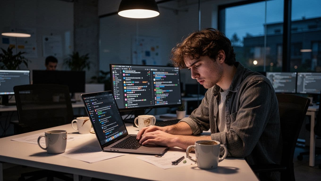 A young professional appears exhausted at a desk in a small modern startup office late in the evening, hunched over a laptop with many open tabs and Slack notifications, surrounded by scattered empty coffee mugs under dim overhead lighting casting shadows.