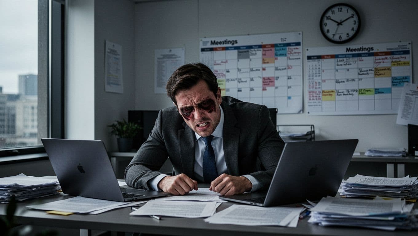 A professional leader looks utterly exhausted with dark circles under eyes, slumped over a cluttered desk with papers and laptops in a dimly lit modern office, tense shoulders and clenched jaw, background featuring a packed calendar and late-hour clock.