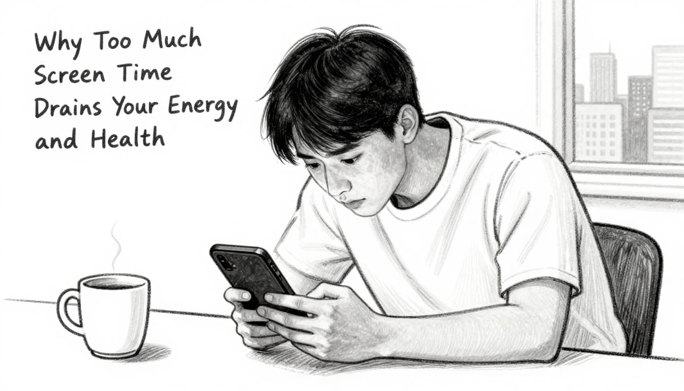 Hand-drawn sketch of a young professional slumped over a smartphone in a dimly lit city apartment at night, featuring tense neck, tired eyes with dark circles, and an empty coffee mug.