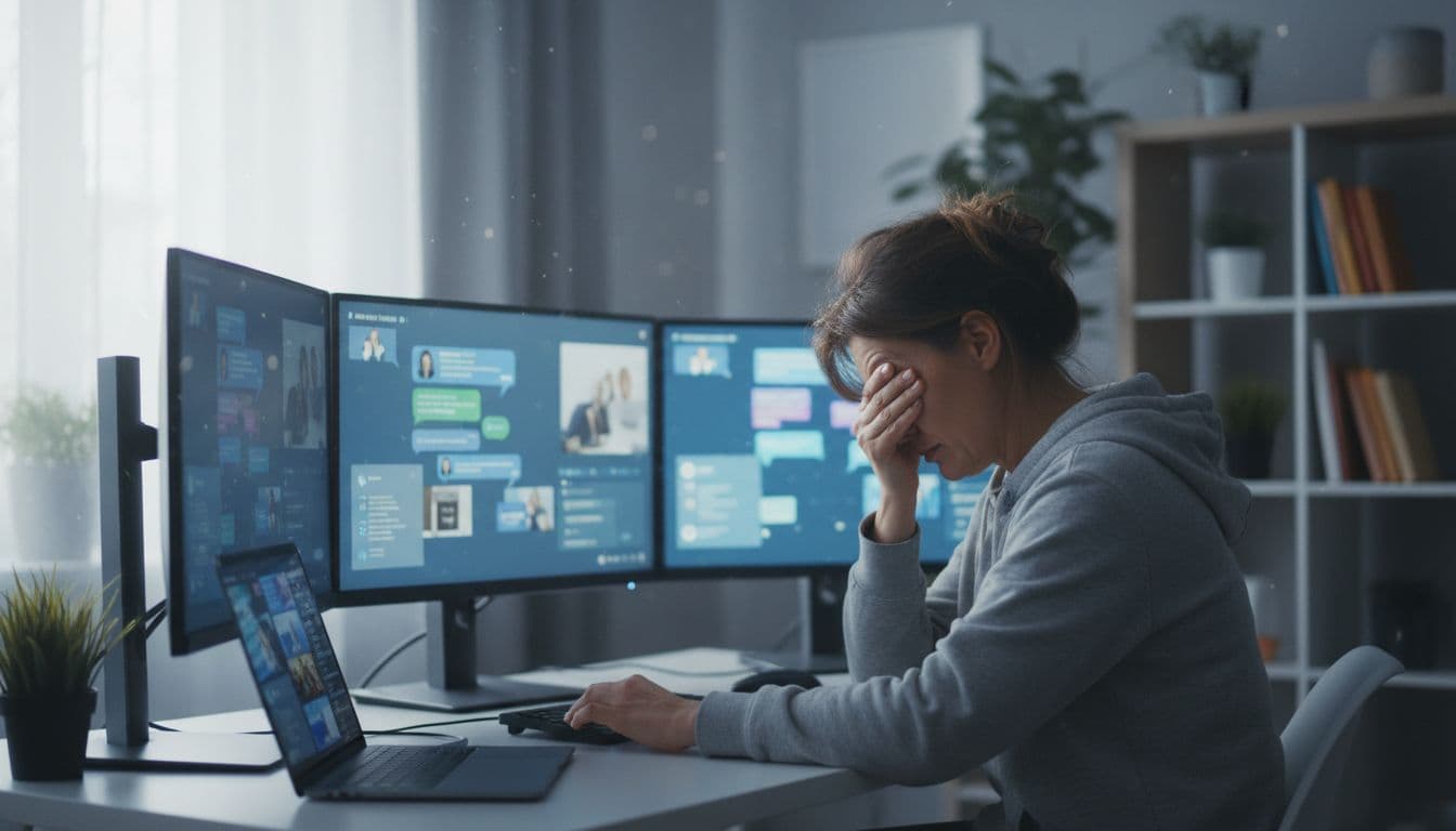 A lone remote worker at a home office desk surrounded by multiple computer screens displaying notifications and chat apps, slumped in exhaustion while rubbing their eyes under natural window daylight.