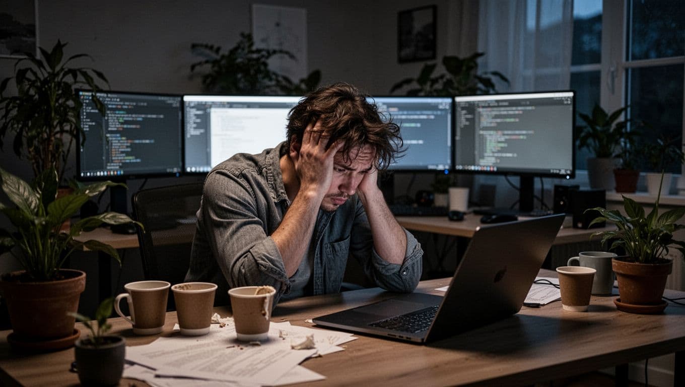 An exhausted office professional is slumped at a desk in a dim home office, head in hands amid empty coffee cups and an open laptop with unfinished work. The foreground highlights tired posture and disheveled appearance, with a remote work setup in the muted evening light.