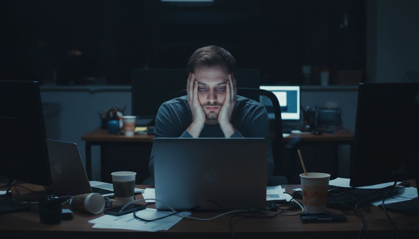 A lone startup founder sits at a cluttered desk late at night, head buried in hands, displaying exhaustion with dark under-eye circles, under dim office lighting from a glowing screen, photorealistic close-up.