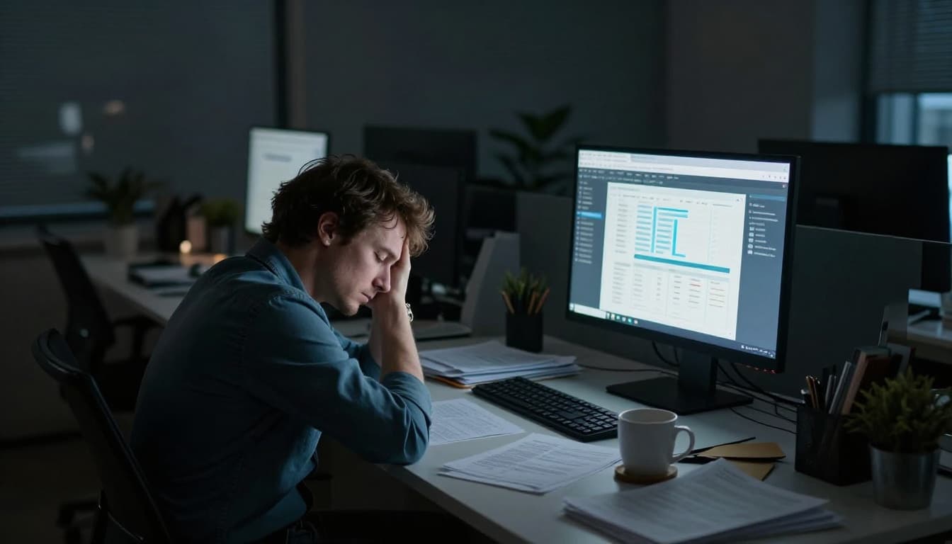 A realistic landscape of a tired startup founder at a cluttered desk in a modern office late at night, head in hands, with glowing computer screens showing charts and emails, dim lighting, scattered coffee mugs and papers.