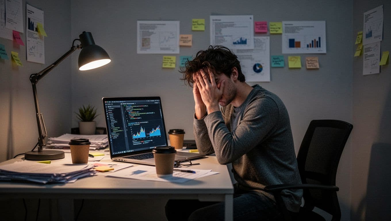A photorealistic scene of a young startup founder sitting exhausted at a cluttered desk in a dimly lit small office late at night, holding head in hands with a glowing laptop showing code and charts.