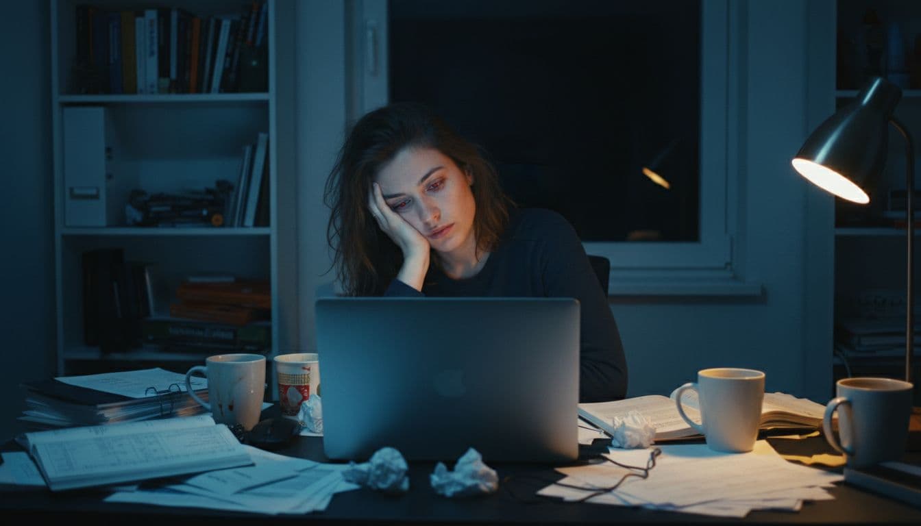 A single startup founder at a cluttered desk in a small home office late at night, head resting on hand, looking exhausted at a glowing laptop screen surrounded by scattered papers and empty coffee mugs. Realistic photography with dim lighting from desk lamp and screen glow.