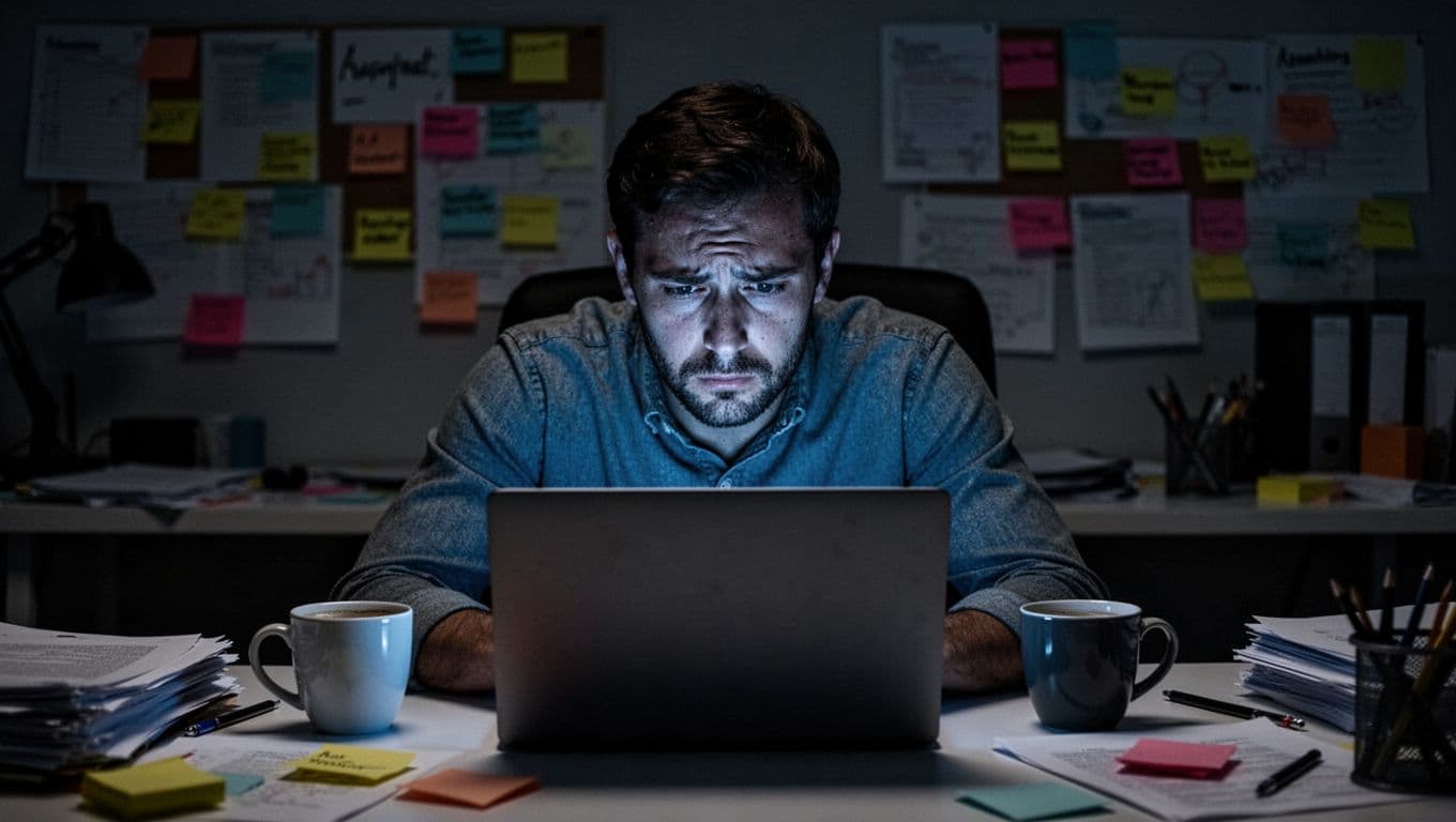 A tired startup founder sits at his messy desk late at night, face lit by blue laptop glow, with dark circles, slumped shoulders, empty coffee cup, and post-its everywhere in a stressful, solitary realistic photo with dramatic low light.