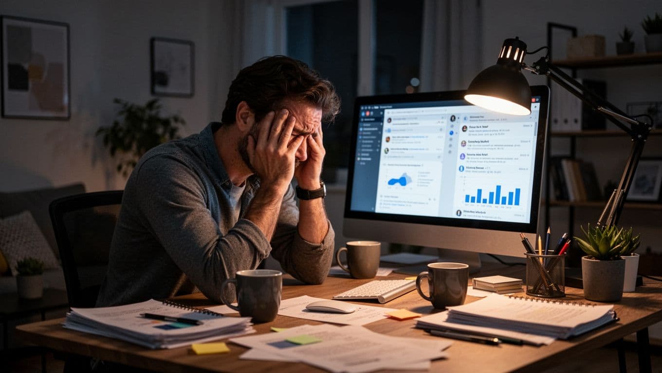 A realistic photo of a mid-30s male startup founder sitting exhausted at a cluttered desk in a modern home office late at night, head in hands, with glowing computer screens and scattered coffee mugs.
