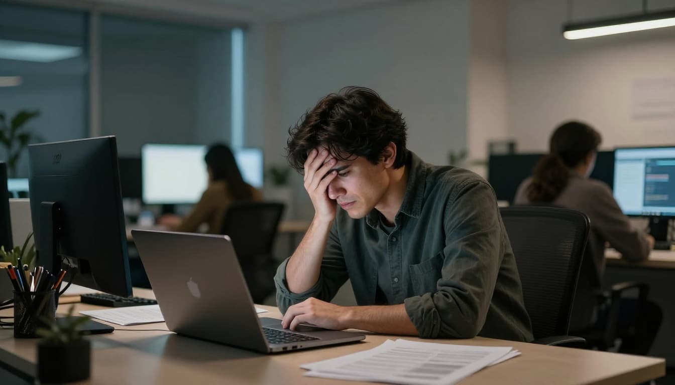 A fatigued startup founder sits at his cluttered desk in a modern office at sunset, head buried in hands with a frustrated expression, surrounded by an open laptop and scattered papers under dim lighting with long shadows.