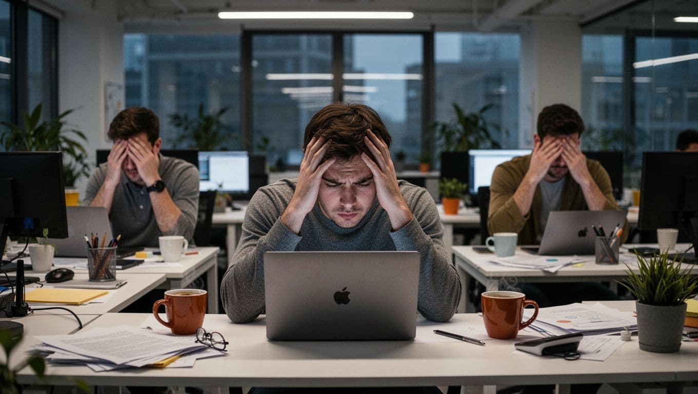 A small team of three weary startup workers in a modern office, one clutching their head in front of a laptop, another rubbing their eyes, with cluttered desks featuring coffee cups under dim lighting.