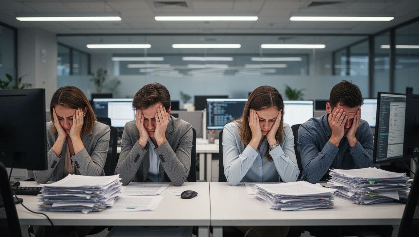 A group of four exhausted workers in a modern open office, heads resting on hands amid computer screens with blurred graphs and messy document piles under dim fluorescent lighting.
