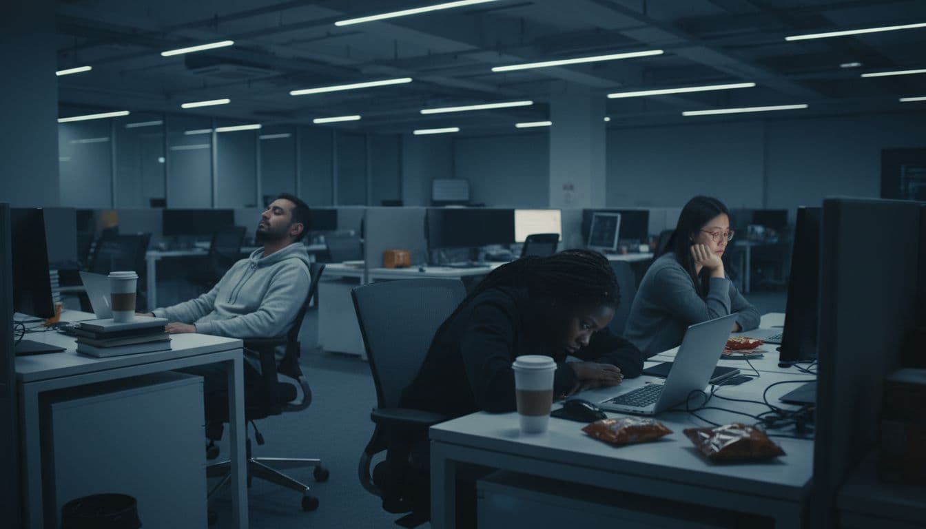 A diverse group of three exhausted tech workers slumped over laptops in a modern open office, with scattered coffee cups and dim fluorescent lighting casting shadows.