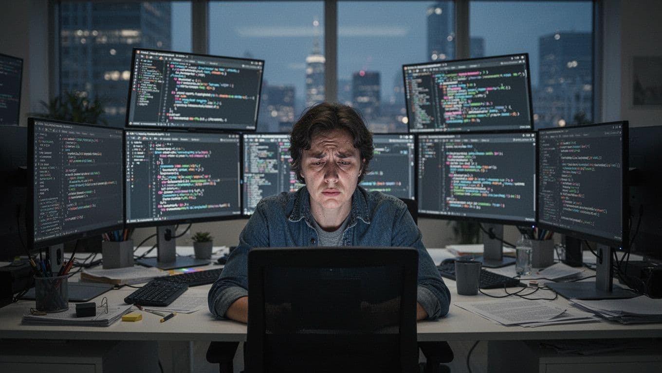 A lone person sits at a modern, cluttered desk surrounded by multiple screens with flashing notifications, showing a tired, exhausted expression with fatigued eyes, captured in realistic photography style with soft, dim lighting.
