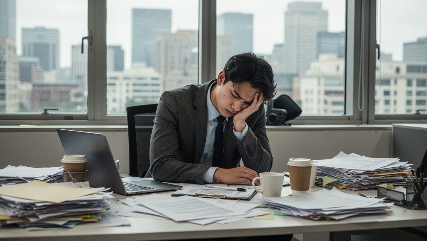 A young professional in their 20s slumped at an office desk during daytime, head resting on hand with exhausted expression, cluttered with papers, laptop, and coffee cups, city view through window, realistic photo in natural daylight.