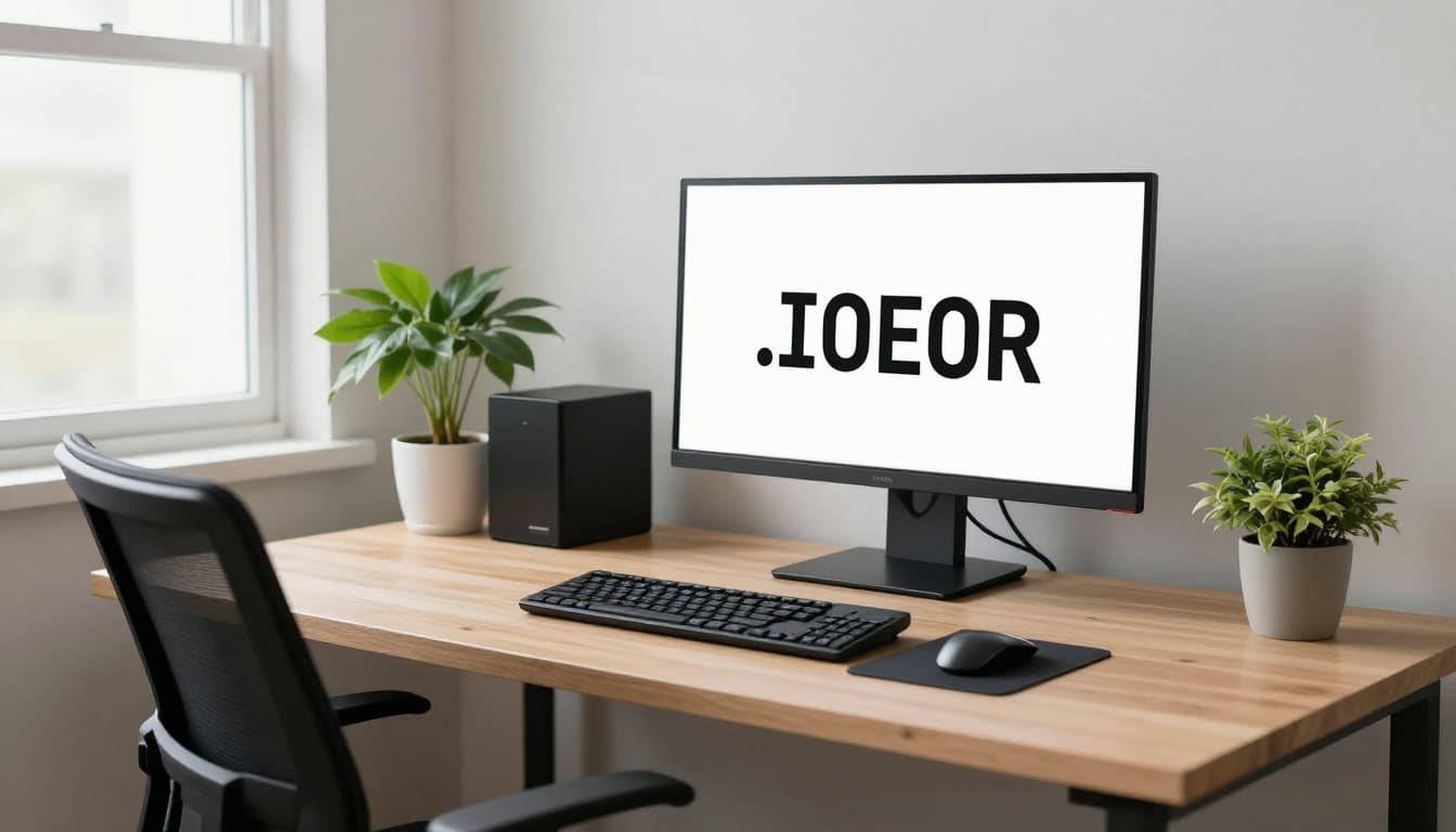 A clean, empty office desk optimized for eye health with a computer screen at arm's length, natural window lighting, larger visible font at an angle, ergonomic chair, nearby plant, no glare, realistic style.