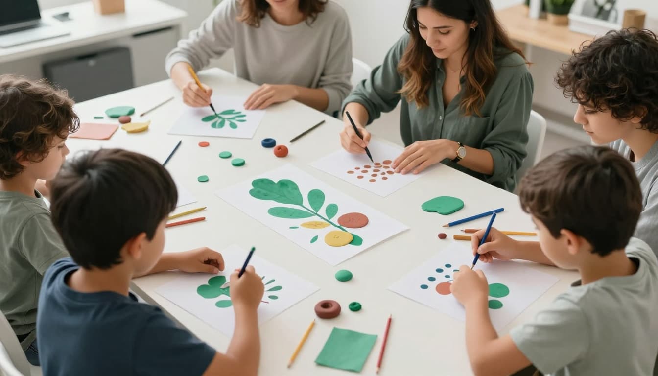 Modern illustration of two children painting and modeling clay at a workshop table, with two parents joining in relaxed poses nearby in an office setting with natural light and teal accents on supplies.
