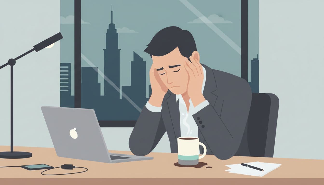 Modern minimalist illustration of a tired executive in a suit at a CDMX office, head in hands beside laptop and coffee cup, subtle messy environment, dim lighting, clean shapes, no text.