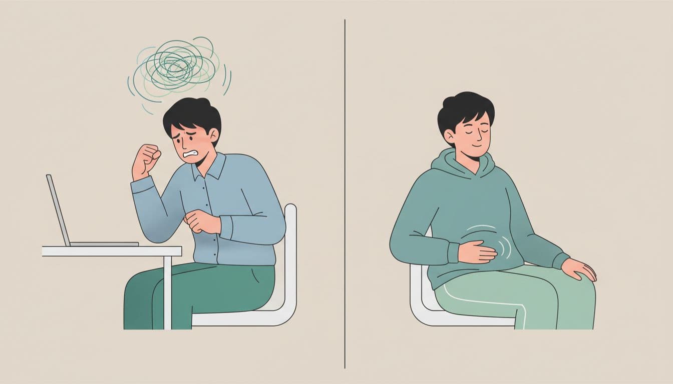 Modern illustration contrasting a tense young professional in fight-or-flight mode with shallow chest breathing at a desk, versus the same person relaxed with deep diaphragmatic breathing.