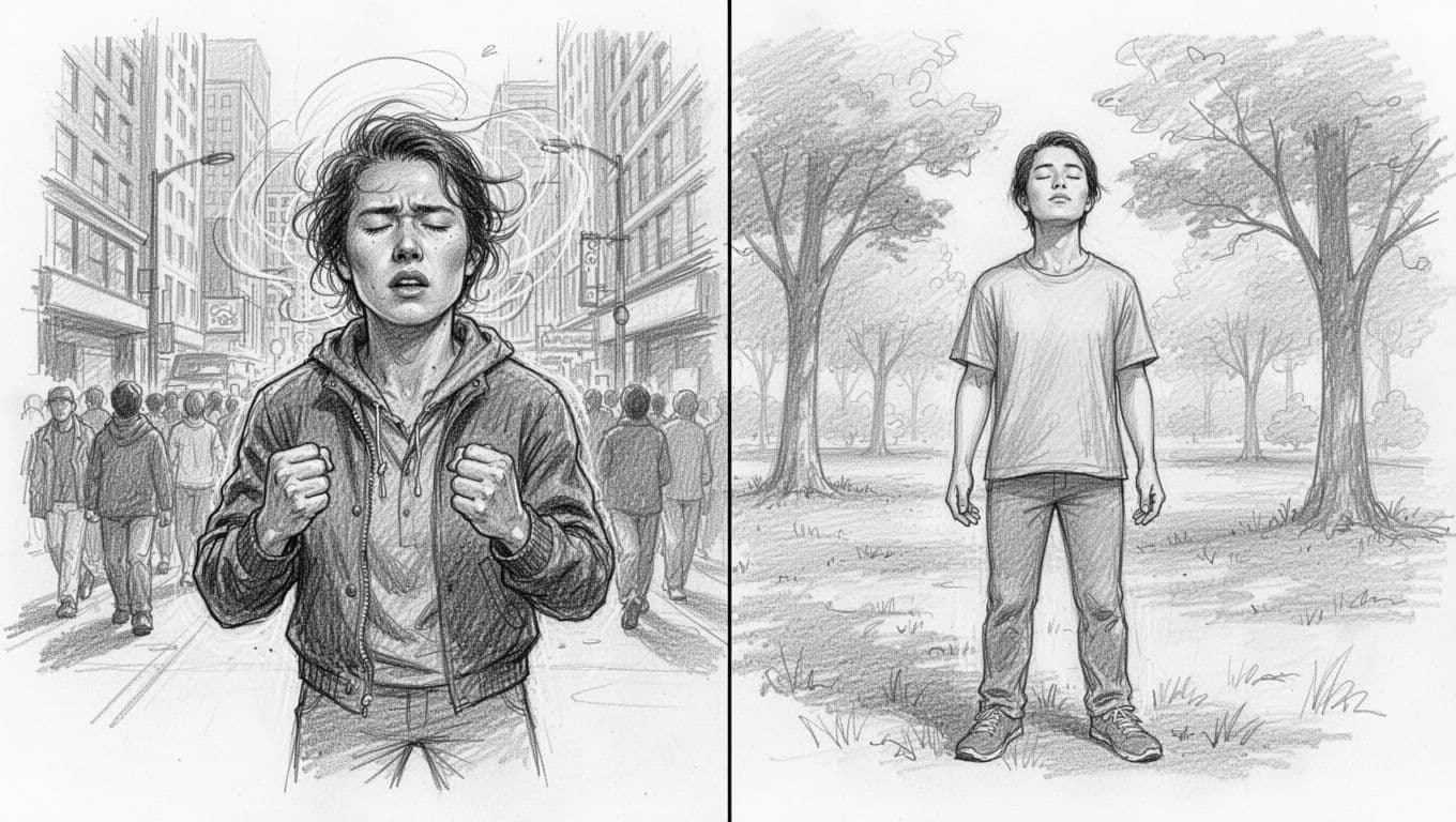 Hand-drawn graphite sketch on white paper showing a split scene: left side depicts a stressed person in a tense city with swirling thoughts and clenched fists; right side shows the same person relaxed and breathing deeply in a calm park.