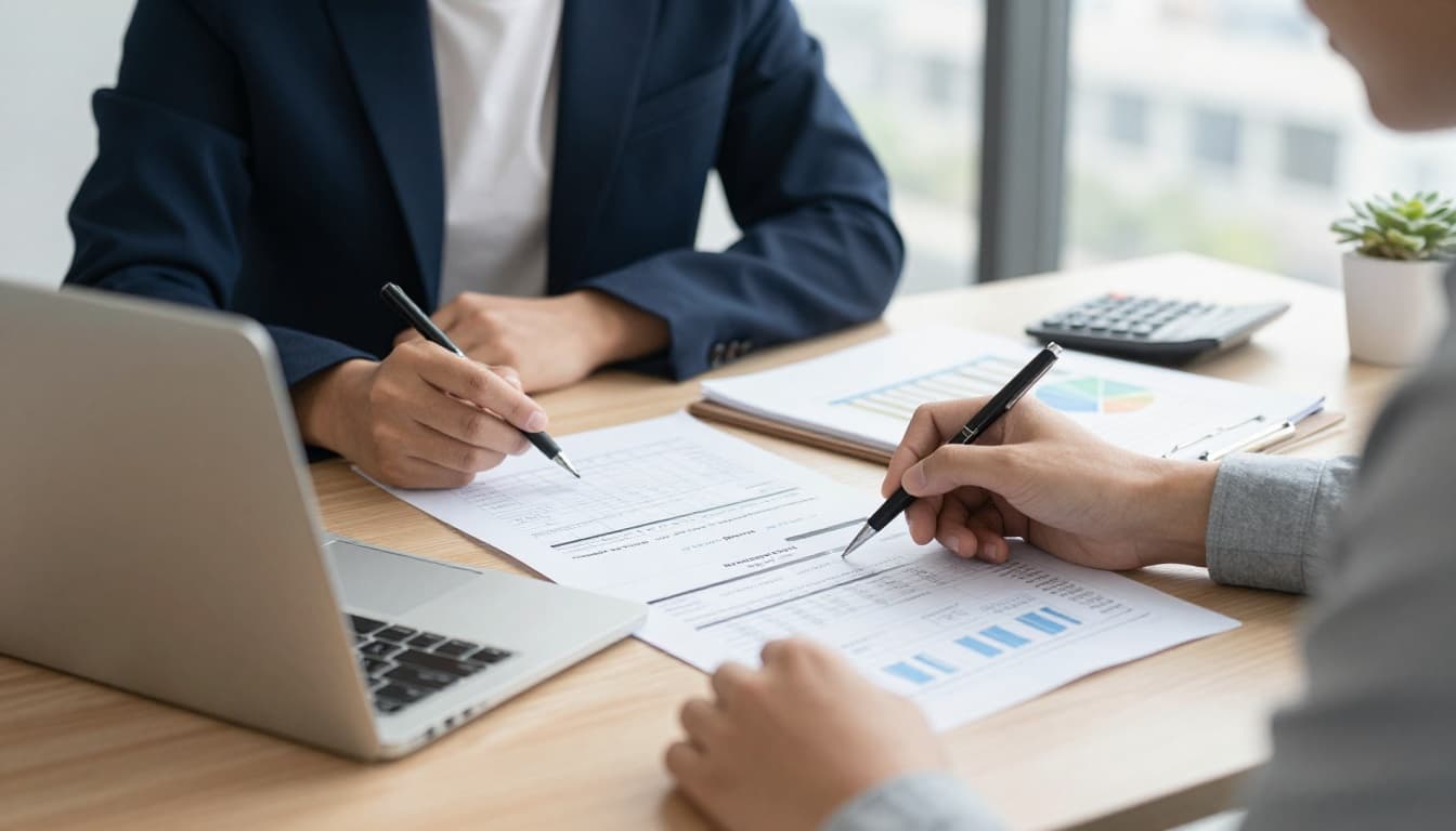Financial planner at desk reviewing spreadsheets on laptop, calculator and notes nearby, subtle bar business plan budget charts in background, modern office with city window view.
