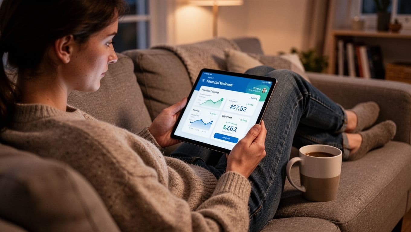 Person in comfortable home setting using tablet for financial wellness app, relaxed on couch with coffee mug nearby, soft evening light, realistic photo.