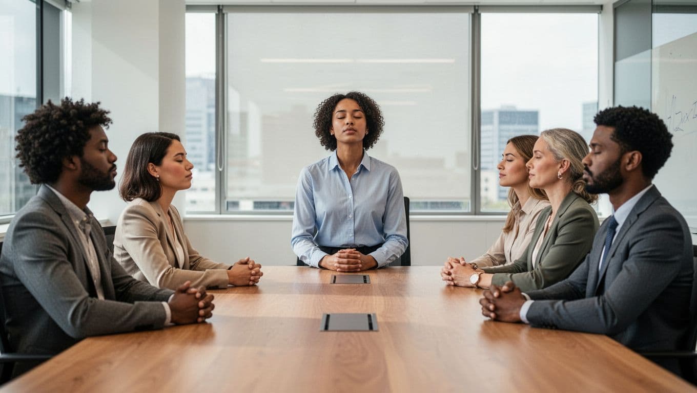 Group of five diverse office workers in a modern conference room, with one leading a short breathing pause at the start of the meeting and others seated calmly following. Bright daylight, realistic photo style, inclusive diversity, no devices or text.