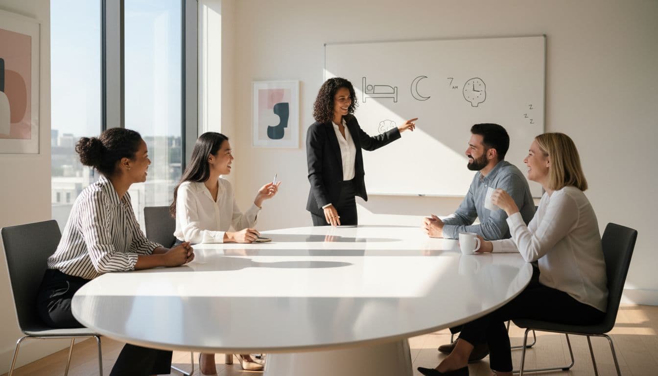 A group of five diverse professionals gathers around a table in a bright modern conference room, smiling and relaxed while discussing sleep challenge ideas. The background features a whiteboard with simple bed and clock icons, natural daylight, and a warm inclusive atmosphere in realistic photography style.