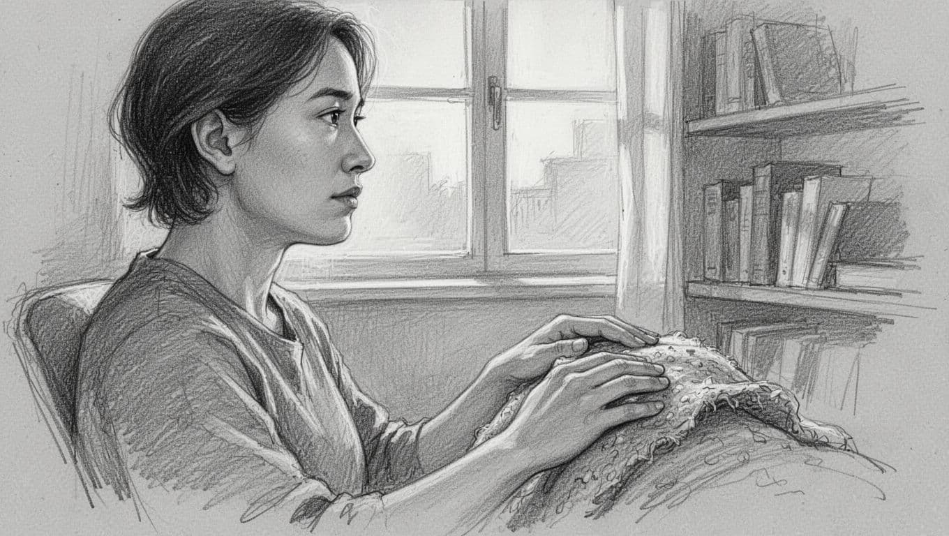 Hand-drawn sketch of a calm person in a simple room engaging five senses: noticing window and books, touching textured fabric, focused on hand and profile face. Illustrates anxiety grounding technique with natural light and graphite linework.