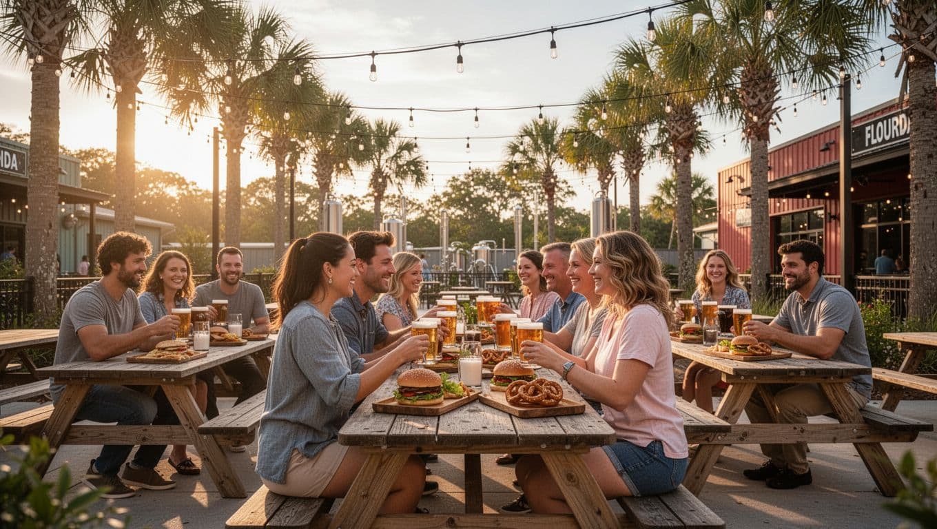 How to Start a Brewery in Florida: From First Idea to First Pour 5 Sunny golden hour at a Florida craft brewery's outdoor patio with picnic tables, string lights, groups of exactly 8 people enjoying beer flights and pub food like burgers and pretzels, palm trees in background, realistic landscape composition.