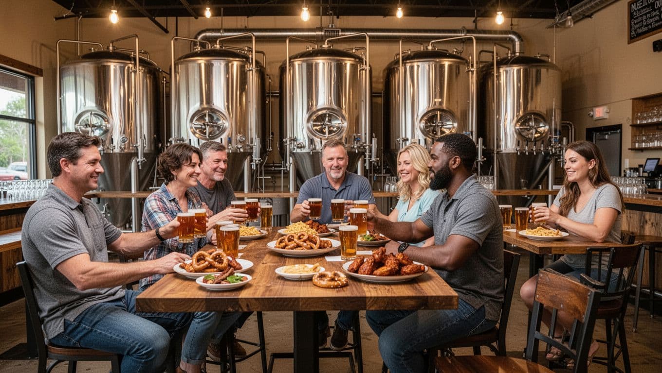Wide landscape view of a Florida craft brewery taproom with shining stainless steel tanks in the background and exactly five patrons scattered at high top tables enjoying beer flights and snacks like pretzels and wings under warm lighting.