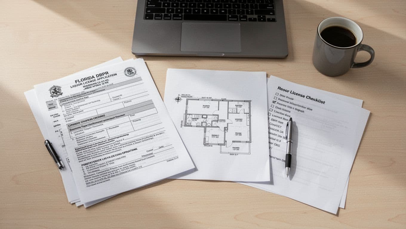 Licencia de licor en Florida: la guía clara para servir, vender y disfrutar (2026) 2 Top-down view of a simple, clean office desk featuring Florida DBPR liquor license application forms, floor plan diagram, checklist papers, pen, coffee mug, and closed laptop under natural daylight.