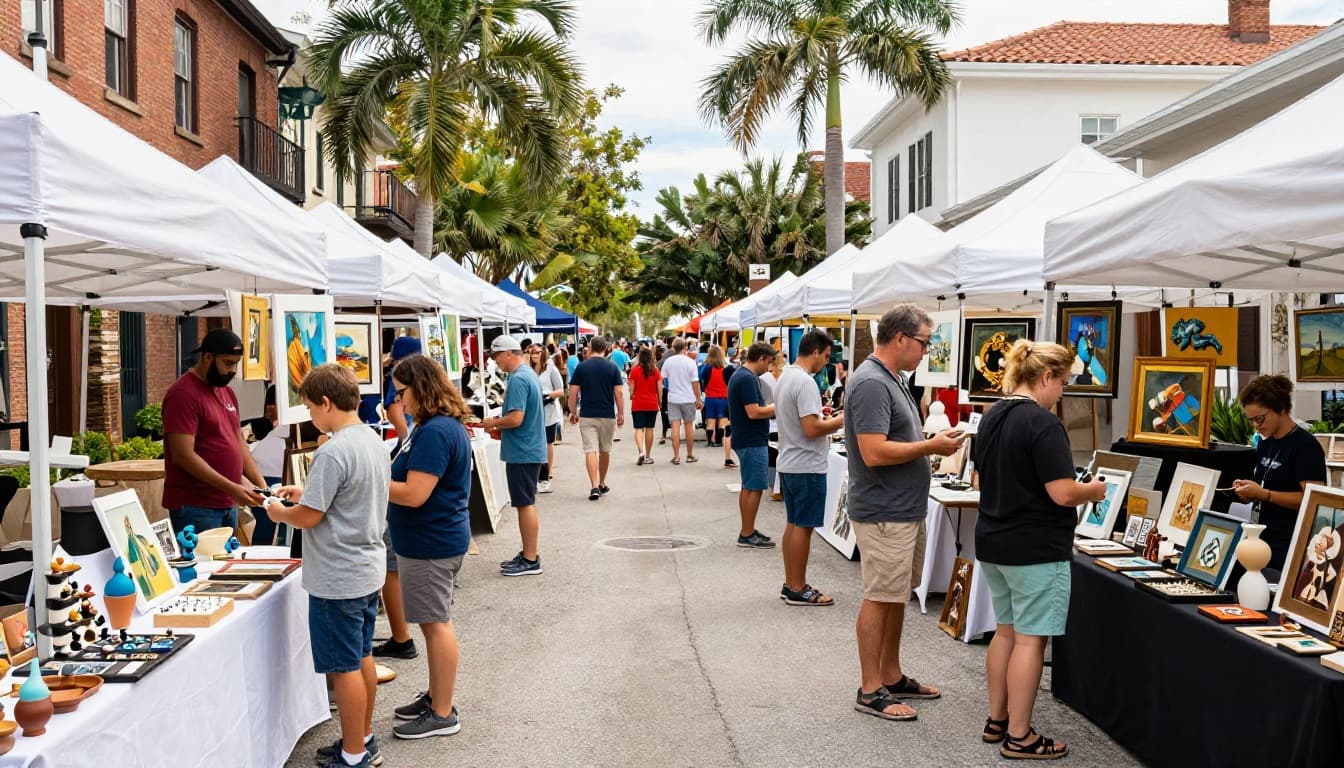 A vibrant outdoor arts festival fills a charming historic downtown street with white tents showcasing paintings, pottery, sculptures, and jewelry under sunny Florida skies. Exactly two people are visible: one adult admiring a painting at a booth and another carrying a small sculpture amid a casual, family-friendly atmosphere in soft natural daylight.