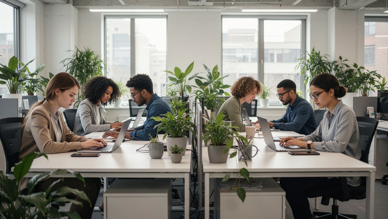Modern open office with four diverse professionals deeply focused on laptops at separate desks, surrounded by plants and natural light in a calm, distraction-free environment.
