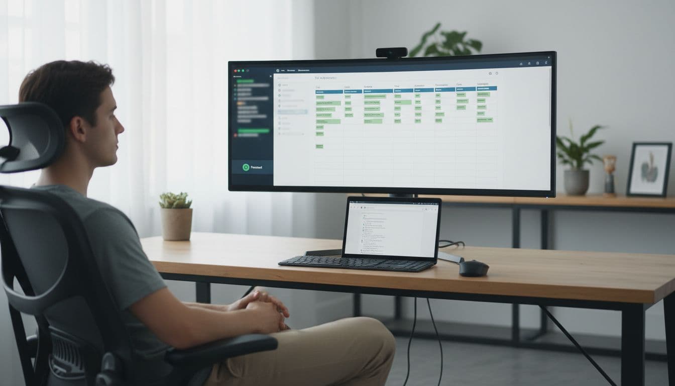 A realistic photo of a simple modern home office workspace with integrated noise-reducing tools: central task board like Asana on screen, threaded chat, focused status, minimal tabs, hands resting away from keyboard, relaxed posture, even lighting, no notifications or text.