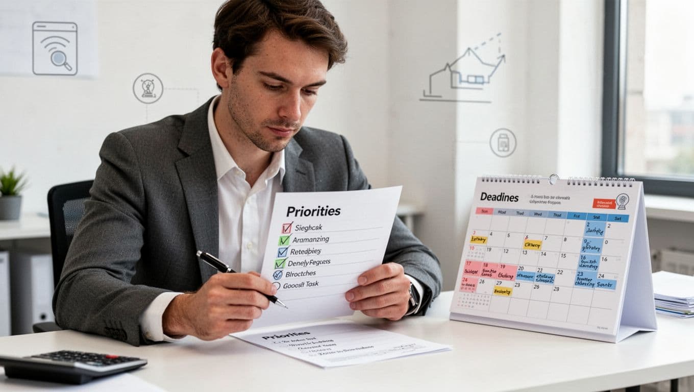 Office worker at a modern desk reviews a prioritized task list on paper next to a calendar with key deadlines, showing a focused expression in bright natural light, simple office background.