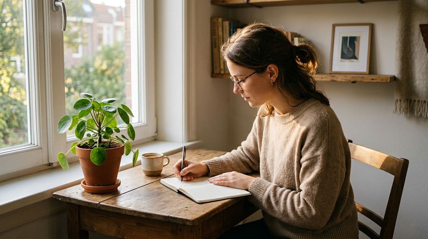 A single focused office worker sits in a cozy workspace corner with a plant, engaged in single-tasking by writing in a notebook using one pen in a relaxed posture, with afternoon sunlight filtering through the window. Realistic photo style captures serene concentration, no devices, screens, other people, text, or logos visible.