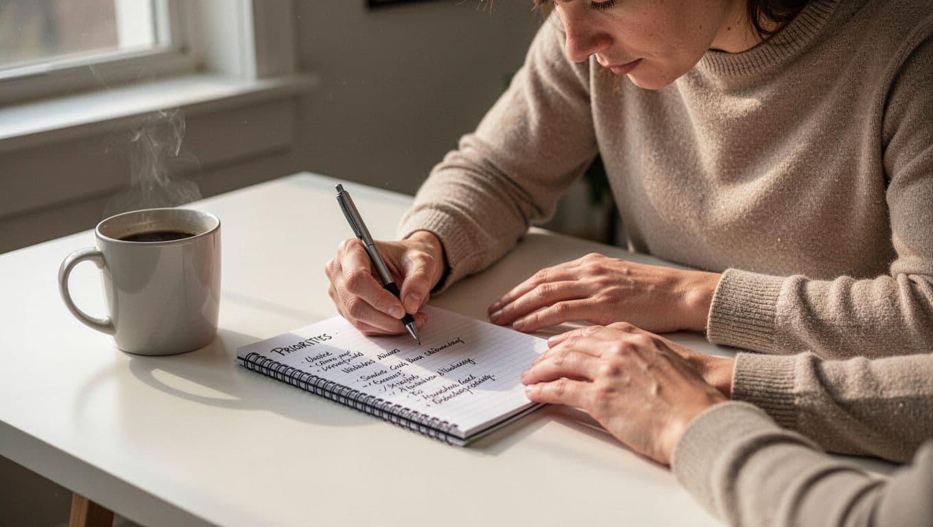 A focused individual writes priorities on a notepad at a clean desk bathed in morning light, with a simple workspace including a coffee mug. Realistic photo style, landscape view with exactly one person and natural hand positioning, no text or devices visible.